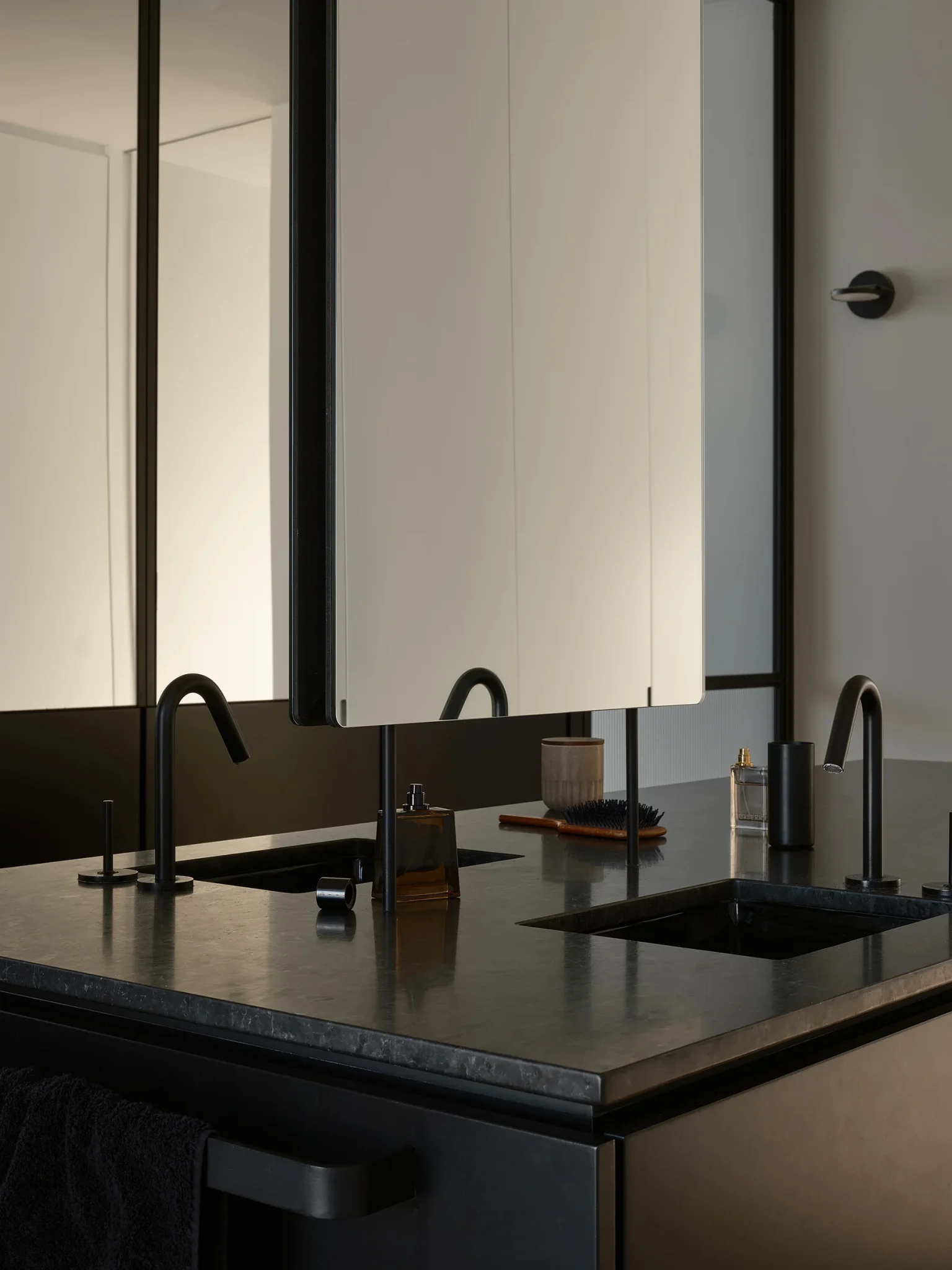 View of a kitchen with a granite countertop
