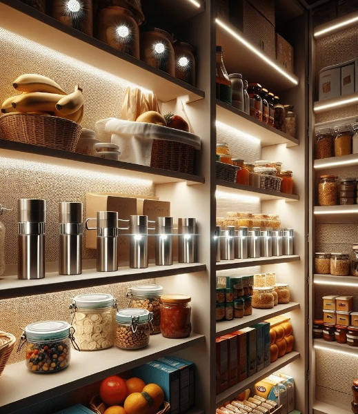 view of a LED lit pantry filled with jars and other foods