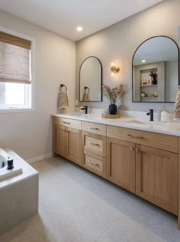 Vanité en bois naturel avec double lavabo et miroirs arqués noirs, ambiance chaleureuse et élégante | Natural wood vanity with double sinks and black arched mirrors, warm and elegant atmosphere