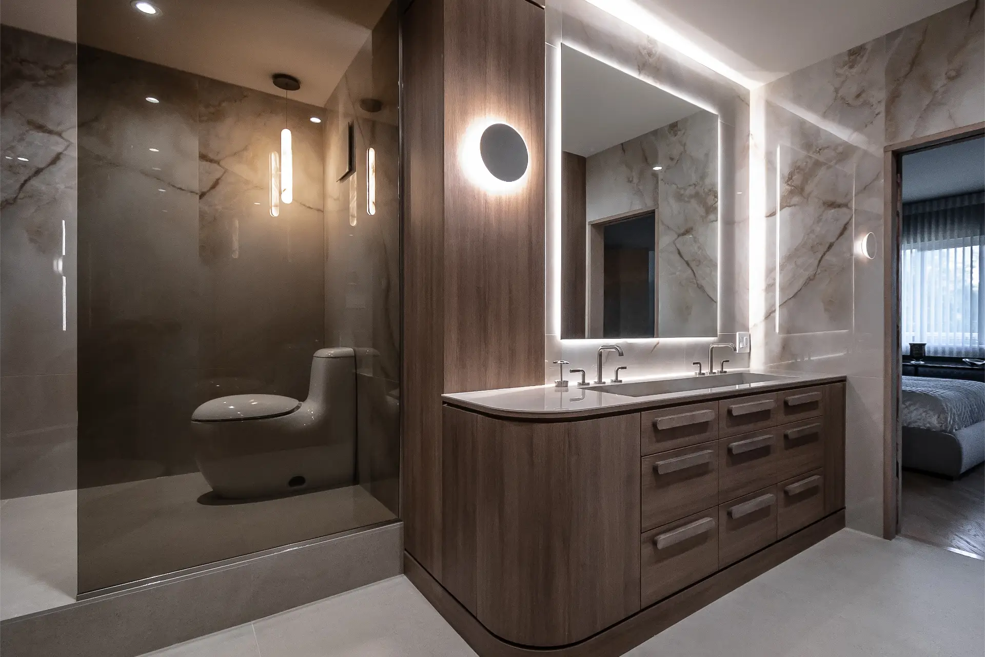 View of a bathroom with a mirror and these standards